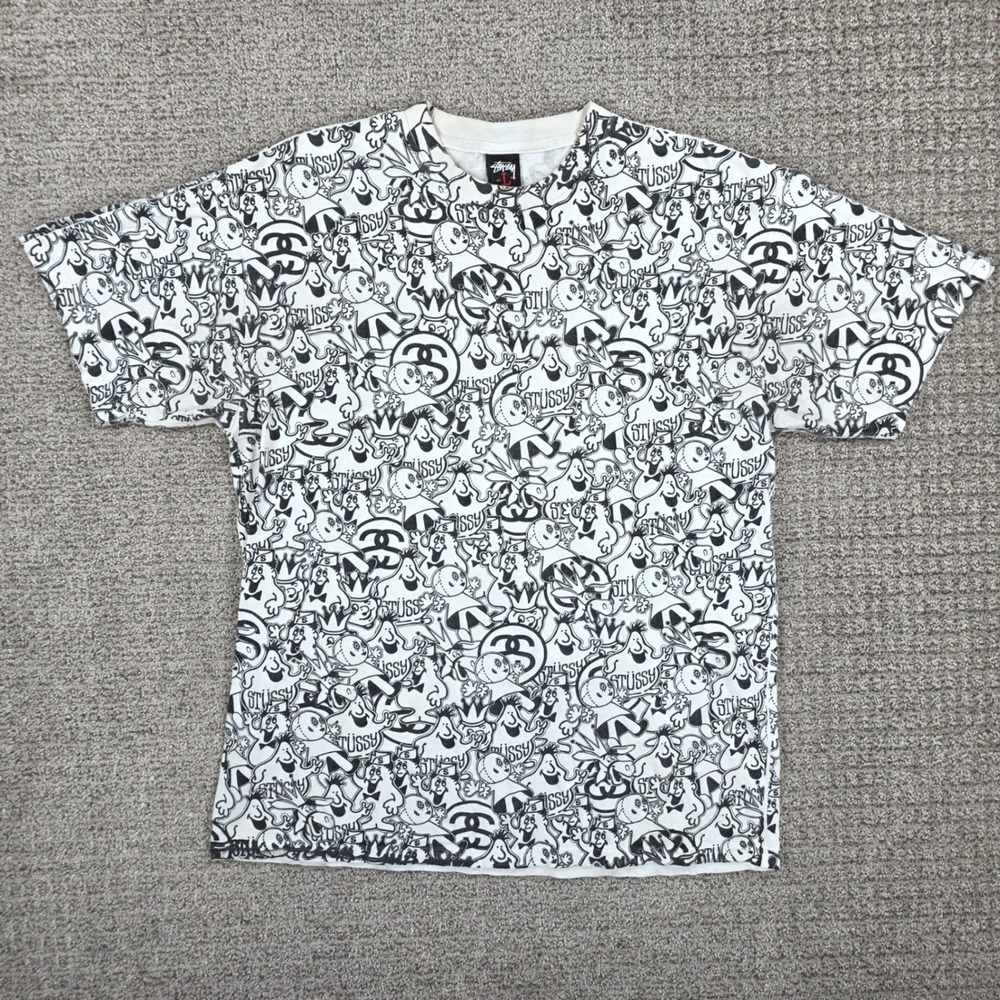 Vintage Stussy Blob Doll AOP Doodle Character Tee Mens Large White Black Shirt‎